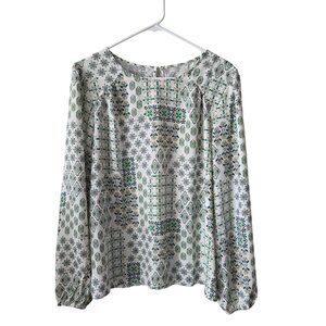 LOFT US Womens XL Green White Printed Blouse Long Sleeve Round Neck Keyhold Back